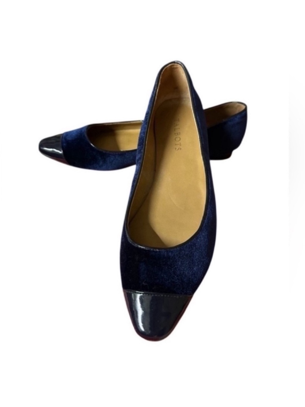 Talbots Navy Velvet Pointed Toe Flats with Patent Cap